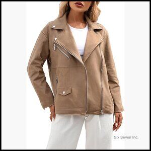 Faux Leather Biker Jacket with Zipper Sleeves and Side Pockets